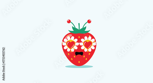 A cute strawberry with flowers for eyes and hearts is feeling shy.