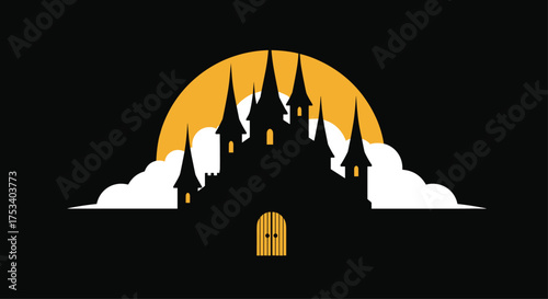 Spooky silhouette of a haunted castle bathed in the warm glow of a rising moon.