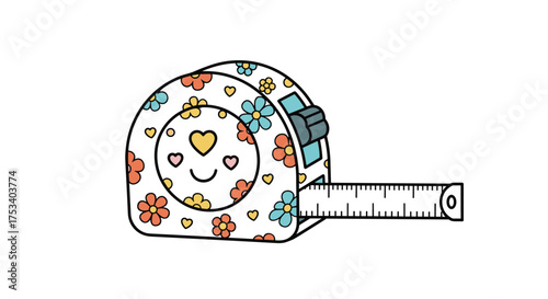 A cute floral measuring tape with a happy face and colorful flowers and hearts.