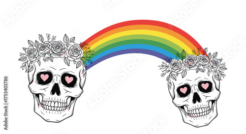 Two skulls with flower crowns and pink heart eyes under a vibrant rainbow.