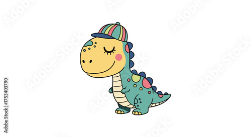 A cute cartoon dinosaur wearing a colorful baseball cap.