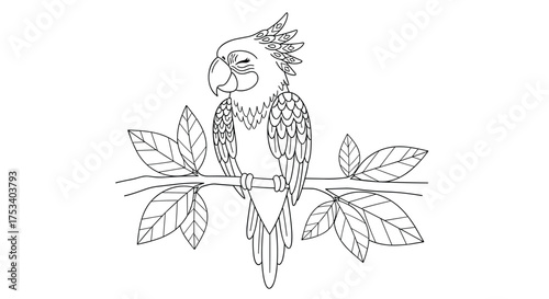 A cute cartoon parrot sitting on a branch surrounded by leaves.