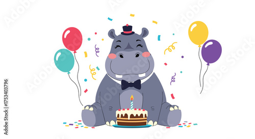 A happy hippopotamus dressed in a bowtie and top hat celebrates his birthday with a cake and balloons.
