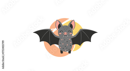Cute bat with wings spread wide in front of a soft sunset.