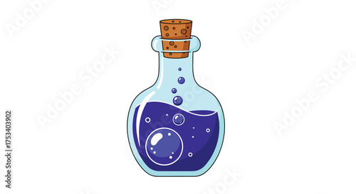 A captivating pixel art potion bottle with magical purple liquid and effervescent bubbles.