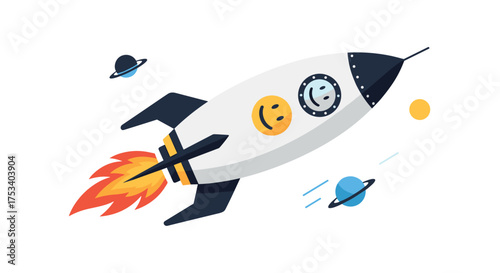 A whimsical rocket ship zooms through outer space leaving a trail of fiery exhaust and surrounded by planets and stars.