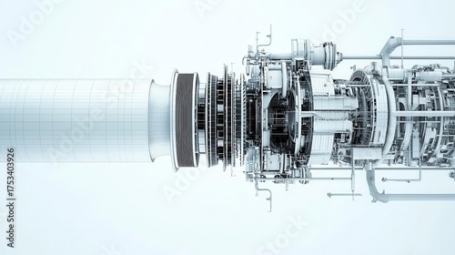 Crosssectional technical drawing of a thermal power plant s steam turbine, showing rotor blades, casings, and exhaust outlets