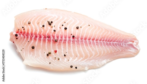 A raw, skinless fillet of white fish, seasoned with black and red peppercorns, isolated against a plain white background