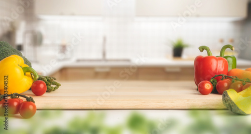 Canvas Print Healthy fresh vegetables on kitchen table with soft focus background