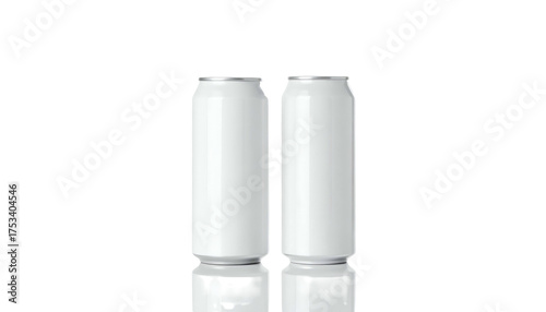 Two tall, white aluminum beverage cans with reflective surfaces against a black backdrop