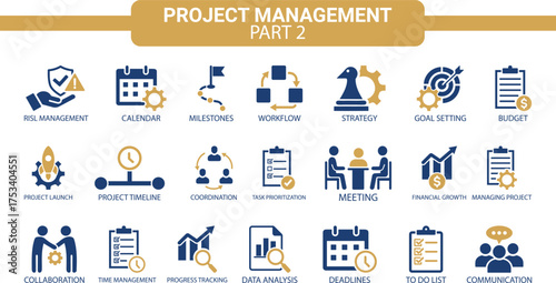 Project management icons, such as collaboration, workflow, milestones, deadlines and more. Vector illustration. Easily changes to any color. project, management, icon, finance, growth 