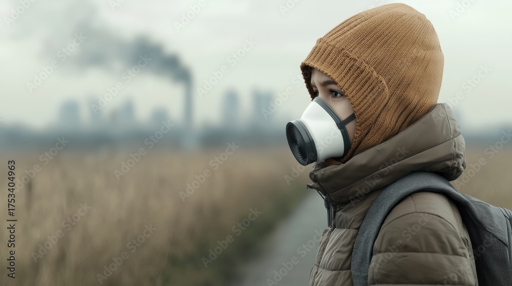 Fototapeta premium Young person wearing protective mask and warm coat walking near polluted industrial skyline, bleak atmosphere and concern visible