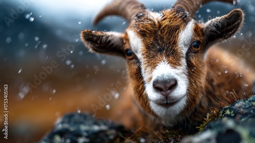 A captivating close-up of a goat displaying its unique features, set against a backdrop of a snowy landscape, creating a serene and picturesque atmosphere.