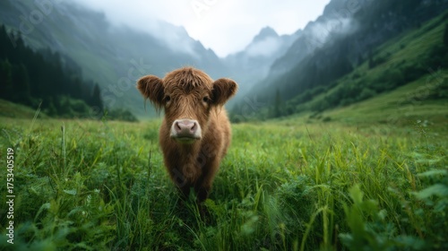 A curious Highland calf gazes directly at the viewer in a lush, misty mountain landscape, representing the beauty of nature and the charm of rural life in a serene setting.