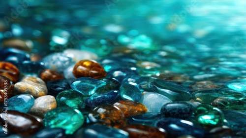 A serene close-up of various colorful pebbles submerged in clear water, creating a tranquil underwater scene that evokes feelings of calmness and natural beauty.