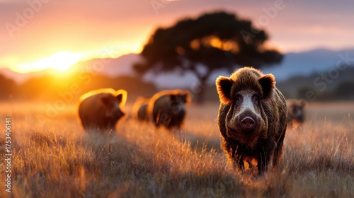 A wild boar stands gracefully in a golden field during sunset, embodying the beauty of nature and wildlife in a serene and picturesque landscape.