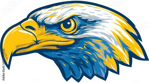 Majestic eagle head profile illustration, powerful bird of prey in white, blue, and yellow graphic design