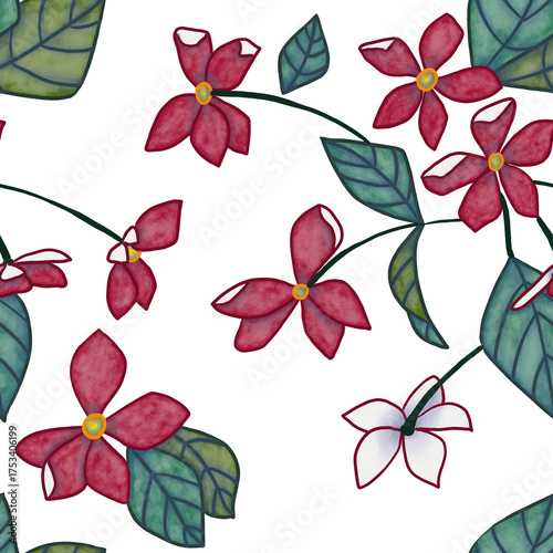 Seamless pattern with digital drawing of flowers in shades of red and white with green leaves on a transparent background
