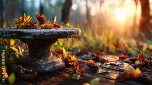 A serene outdoor scene captures fallen autumn leaves resting on an old stone table, illuminated by warm sunlight filtering through trees, evoking peace and the beauty of nature.