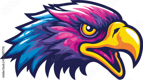 Dynamic and colorful eagle head illustration in vibrant neon pink, purple, and blue tones, ideal for energetic mascot or graphic design.