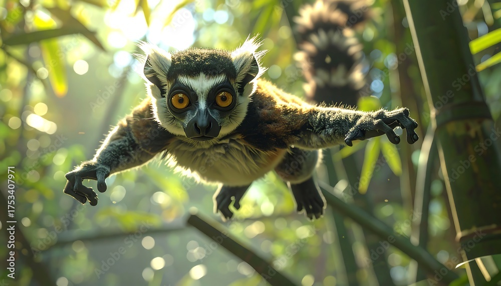 Naklejka premium A ring-tailed primate with vibrant eyes soars towards the viewer amidst sun-dappled bamboo. Another blurred lemur trails in the background