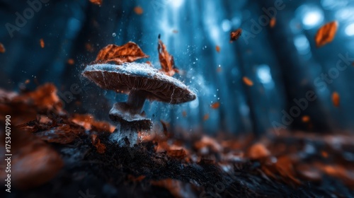 A magical mushroom stands tall in an enchanted forest, surrounded by swirling autumn leaves, capturing the essence of nature's beauty and the changing seasons.