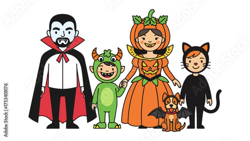 Spirited Halloween Revelry: A charming illustration of a spirited family and their furry friend joyfully dressed in a variety of delightful costumes for Halloween.