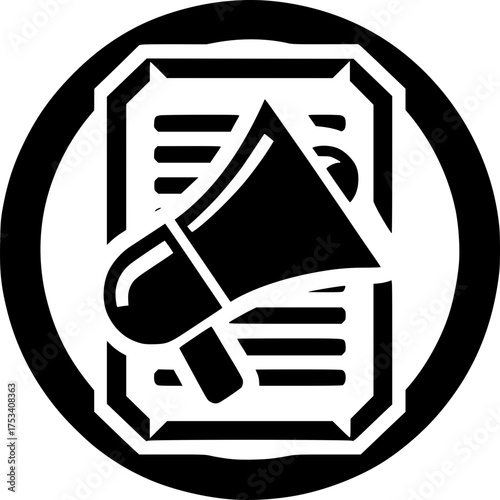 Announce the message: A graphic illustration of a megaphone superimposed on a document, framed by a circular design element, representing the core concept of announcement and publicity. 