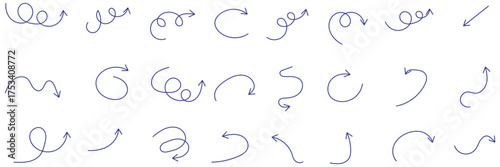Hand drawn arrow set with crayon texture - curved and straight, spiral and wavy directional pointers for navigation or infographic design. Black sketchy marks on white bg for web and print projects.