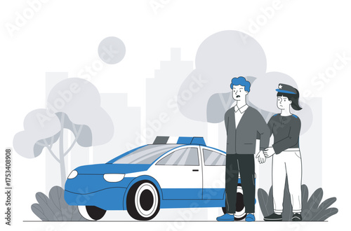 Police officer arresting man outside car. Vector illustration