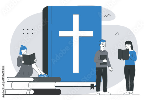 Bible study group with big holy book. Vector illustration