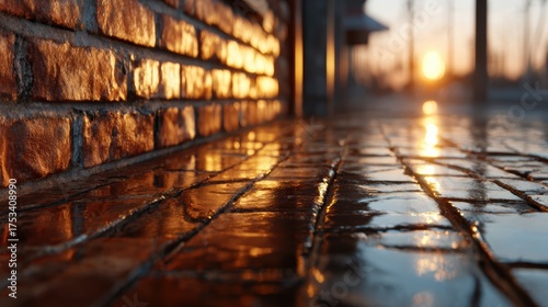 A stunning view of a wet brick pathway illuminated by the warm glow of a setting sun, capturing the tranquil beauty and reflective mood of a serene evening.