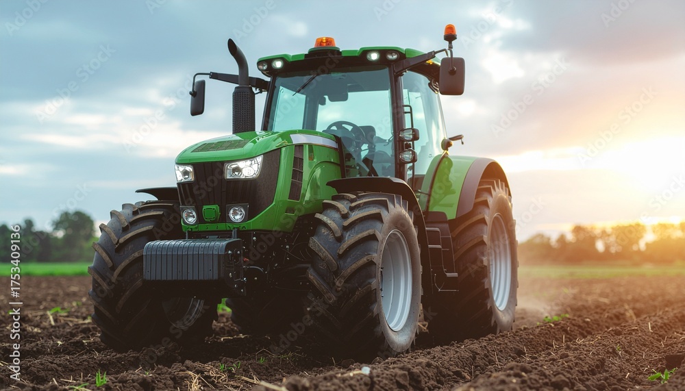 Fototapeta premium A close-up view of a shiny green tractor front 