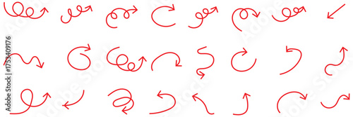 Hand drawn arrow set with crayon texture - curved and straight, spiral and wavy directional pointers for navigation or infographic design. Black sketchy marks on white bg for web and print projects.