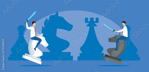 Businessmen fighting on chess knights. Vector illustration