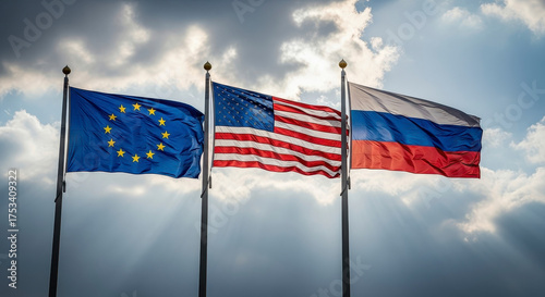 European Union United States Russia Relations Flags Flying High Under Cloudy Sky