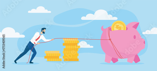 Man pulling coins to piggy bank savings. Vector illustration