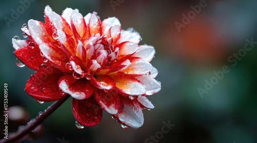 A vibrant red flower glistens with fresh water droplets, captivating the viewer with its detailed petals and stunning colors set against a blurred green background.