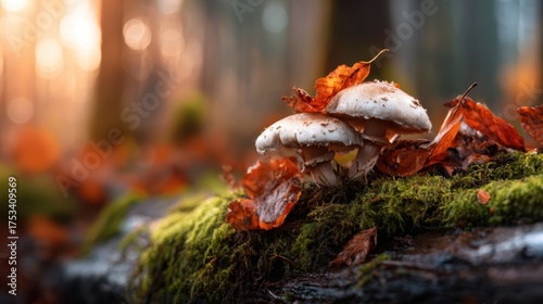 A serene image of mushrooms growing on a mossy log surrounded by scattered autumn leaves, conveying the beauty of decay and the essence of forest life.