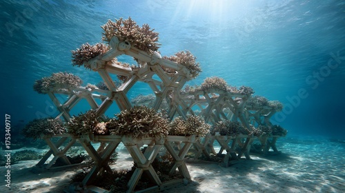 Fototapeta Naklejka Na Ścianę i Meble -  Underwater coral reef restoration project showcasing vibrant marine life and sustainable ocean conservation efforts in clear blue water