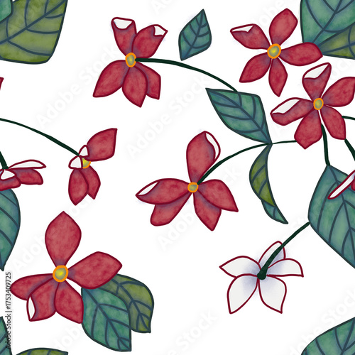 Seamless pattern with digital drawing of flowers in shades of red and white with green leaves on a white background