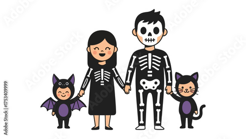 Halloween Family Portrait: A cheerful family, dressed in playful costumes, poses together, epitomizing the spirit of Halloween with joyful charm and spooky flair.