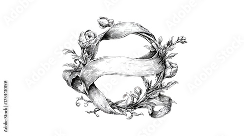 Detailed vintage hand-drawn decorative ribbon and floral scroll illustration with a small animal peeking out, elegant black and white design element.