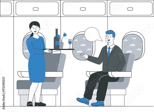 Flight attendant serving passenger.. Vector illustration