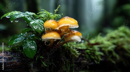 A captivating close-up of vibrant yellow mushrooms growing amidst lush greenery, showcasing the beauty of nature, growth, and the intricate ecosystems that thrive in forests.