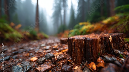 A stunning misty forest scene captures a tree stump amidst the lush greenery and rocky path, evoking a sense of tranquility and connection with nature's beauty.