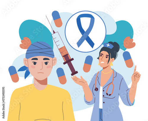 Cancer awareness with doctor and patient. Vector illustration