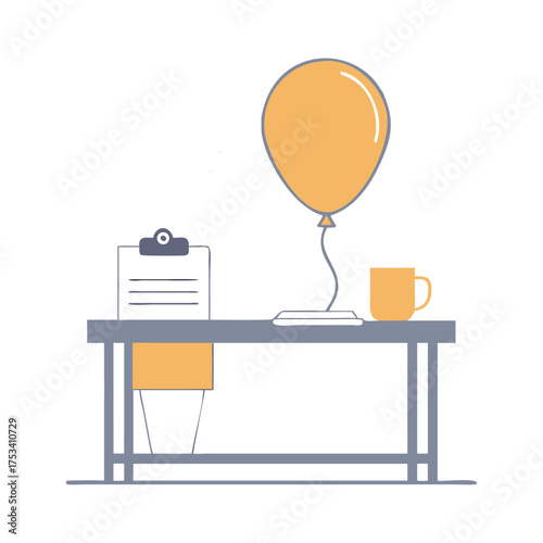 Celebrate your achievements with a party at the office, a balloon and a cup of coffee on the table, with a clipboard and chair by the desk