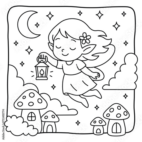 Cute Fairy Girl over Mushroom Houses | Enchanted Fantasy Hand-Drawn Coloring Page