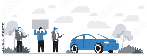 Hitchhikers waving at car on road. Vector illustration